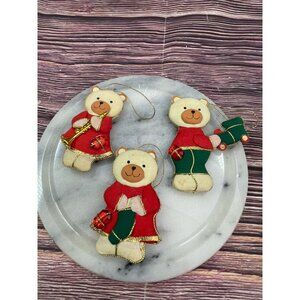 3 Vintage Stuffed Red/Green Teddy Bear Christmas Fabric Craft Ornament